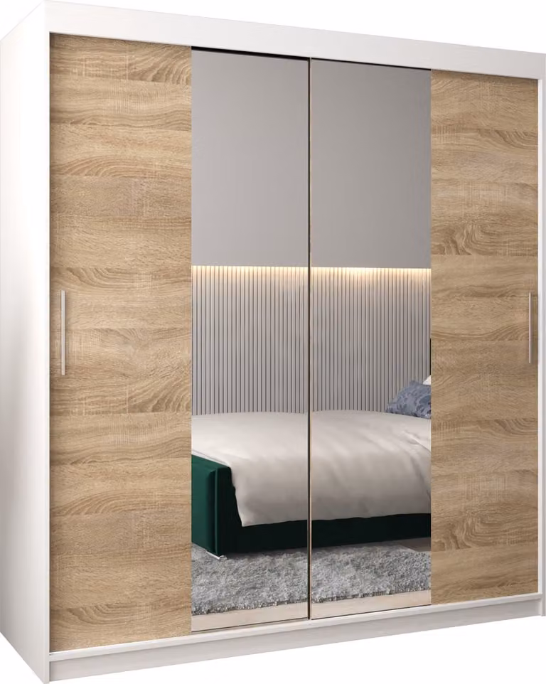 InspireMe TORM I 180 Kledingkast met 2 schuifdeuren en 4 lades - Wit Mat en Sonoma Eik - B/D/H: 180 x 62 x 200 cm
