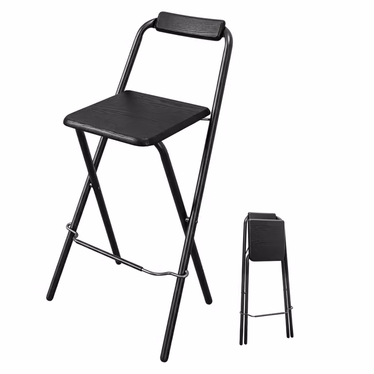 Opklapbare houten barkruk met zwart zitvlak, B: 50 cm, H: 95 cm