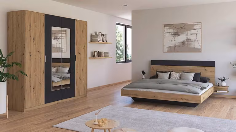 home24 Slaapkamerset 2-delig met bedframe en kledingkast, bruin/grijs-metallic/Artisan eikenhouten look, 180 x 200 cm
