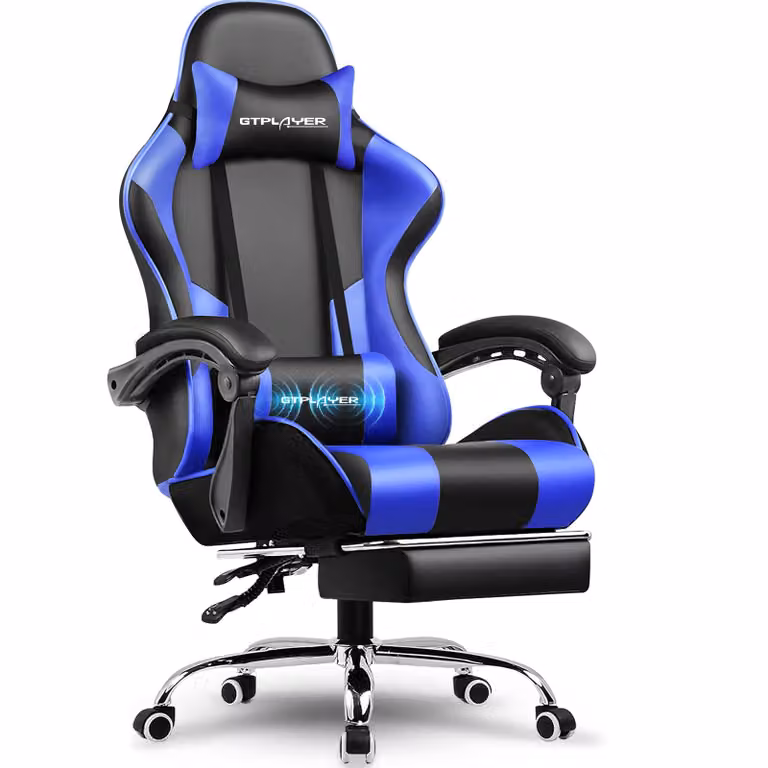 GTPLAYER Gaming stoel met massagefunctie, voetsteun en hoofdkussen, blauw, kunstleer