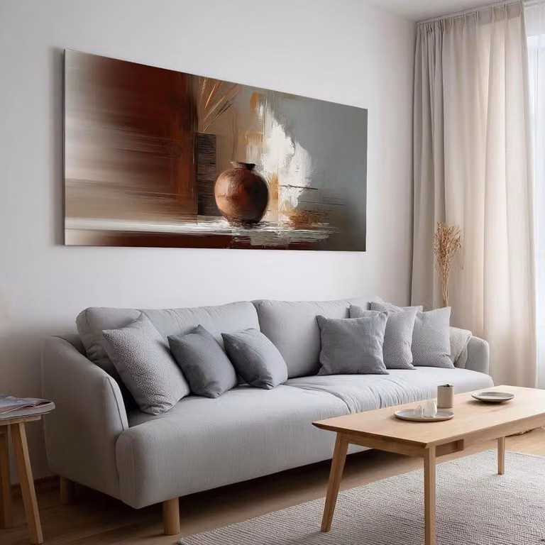 Canvas Schilderij met Lijst Abstract Wanddecoratie Bruin Wit B: 120 cm, H: 80 cm