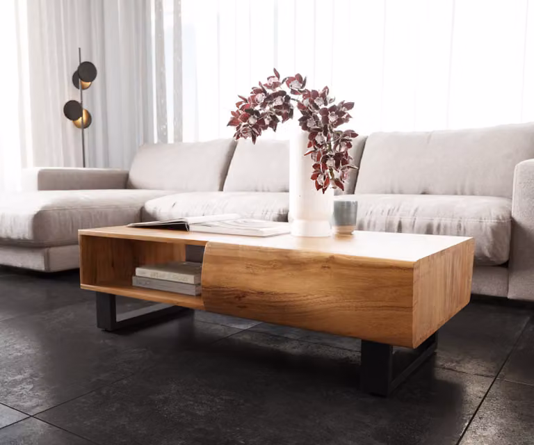 DELIFE Salontafel New Live-Edge Acacia Natuur met 2 Lades en 1 Vak, Zwart Metalen Sledepoten, B/D/H: 115 x 60 x 38 cm
