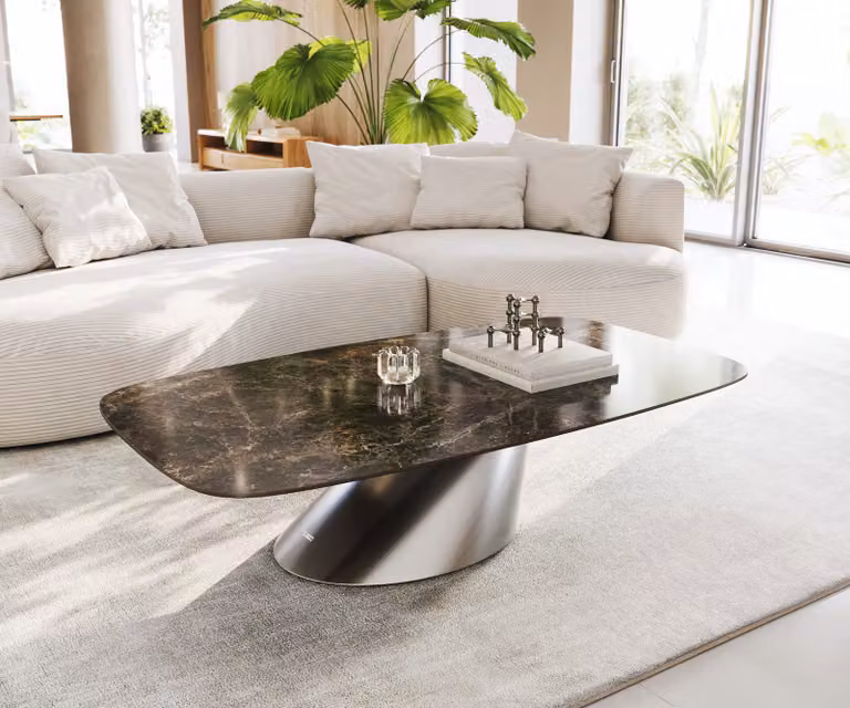 DELIFE Salontafel Edge Emperador Extra Lucidato donkerbruin met keramiek en geborsteld roestvrij staal B: 140 cm, D: 80 cm, H: 33 cm