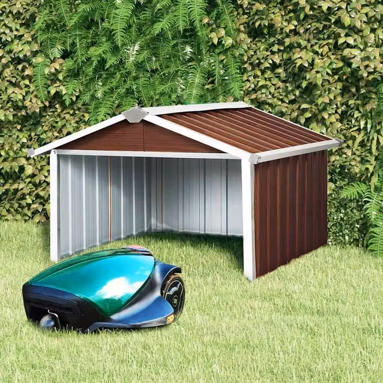 Robotmaaier Garage in bruin hout-look van gegalvaniseerd staal, B/D/H: 92 x 97 x 63 cm