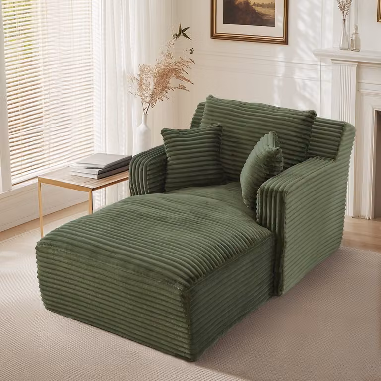 DESMIU Chaise Longue Sofa 1-Zits met Kussens en Armleuningen, Groene Ribstof