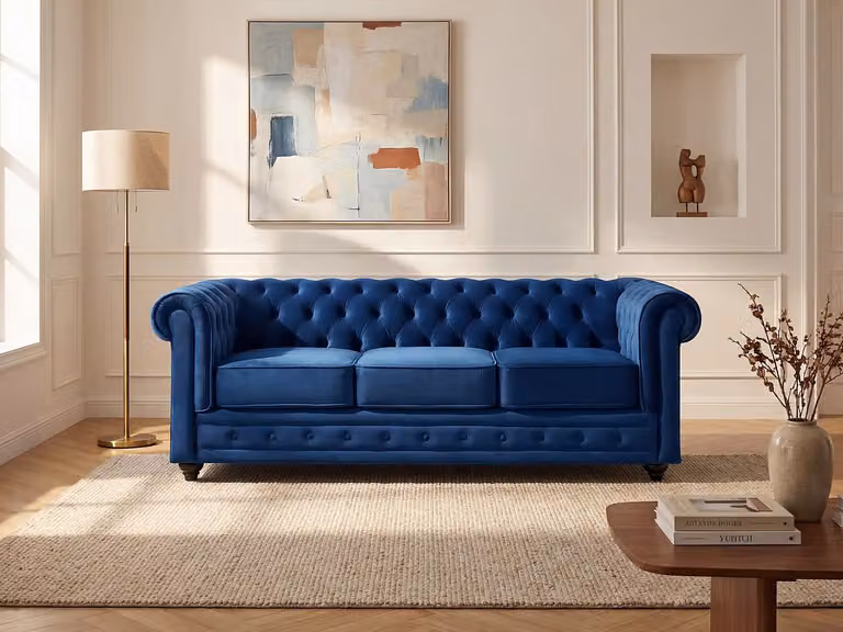 Vente-unique Driezitsbank Chesterfield in blauw velours
