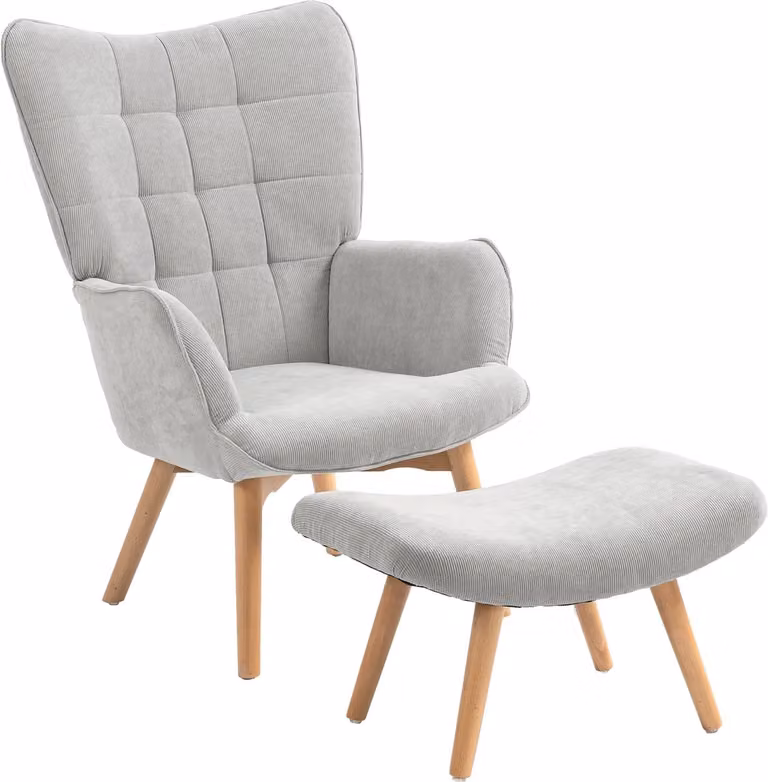 Grijze Oorfauteuil met Hocker en Houten Poten, Cordlook Relaxstoel voor in de Woonkamer of Slaapkamer, B/D/H: 80 x 72 x 101 cm
