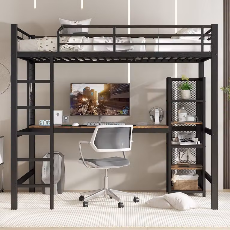 Wishdor Hoogslaper met Bureau en 5-Deurs Opbergkast, Zwart/Walnoot, 90 x 200 cm