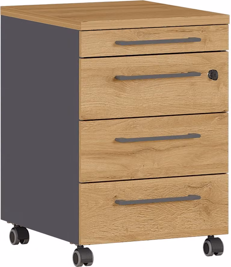 Rolcontainer Ergonoma Eiken - Grafiet - Met wielen, lades en slot - Breedte: 42 cm, Diepte: 49 cm, Hoogte: 61 cm