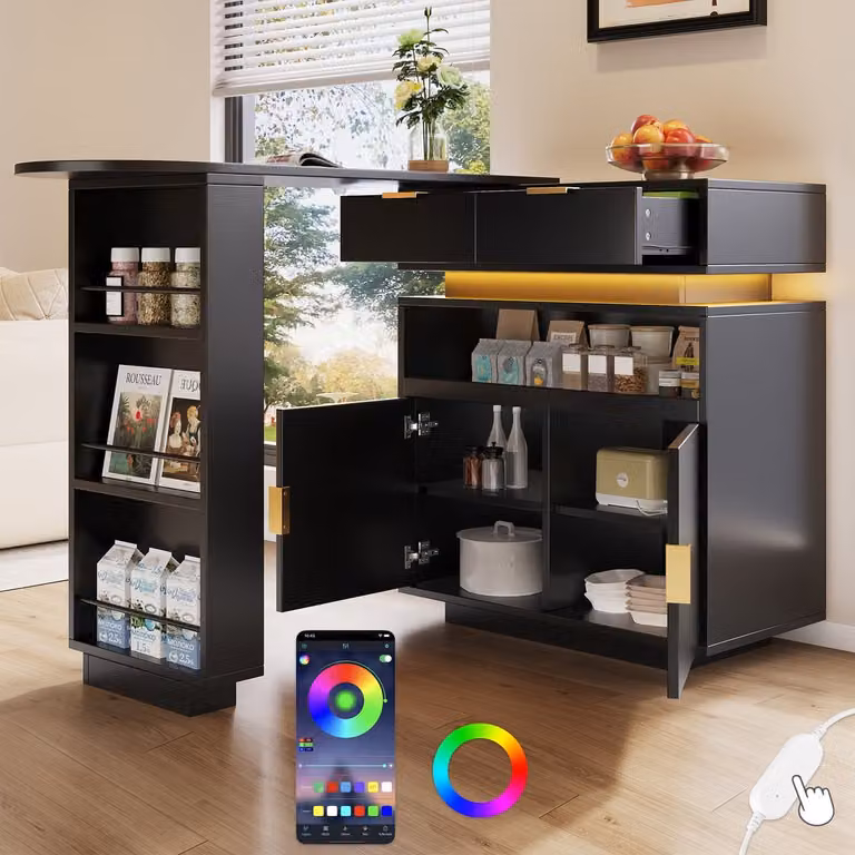 Clruro Uitschuifbare Bartafel met 360° Draaibare Top en Opbergruimte - Zwart - B/D/H: 115-183 x 40 x 99,5 cm