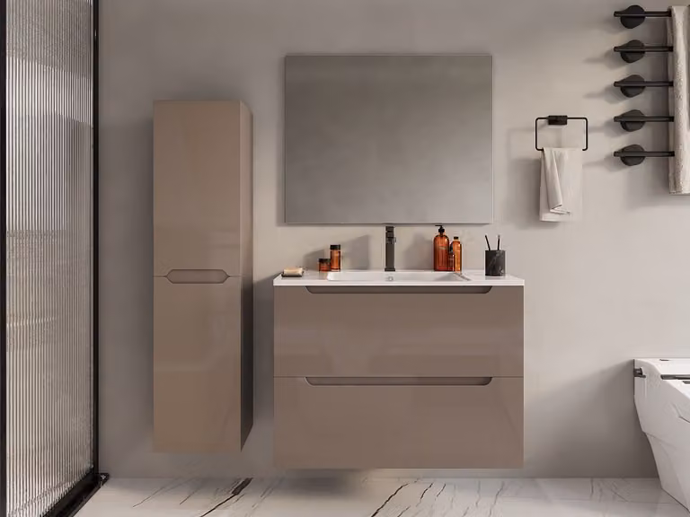 Vente-unique STEFANIE Hangmeubel met enkele wastafel en kolom - Taupegrijs - Breedte: 80 cm