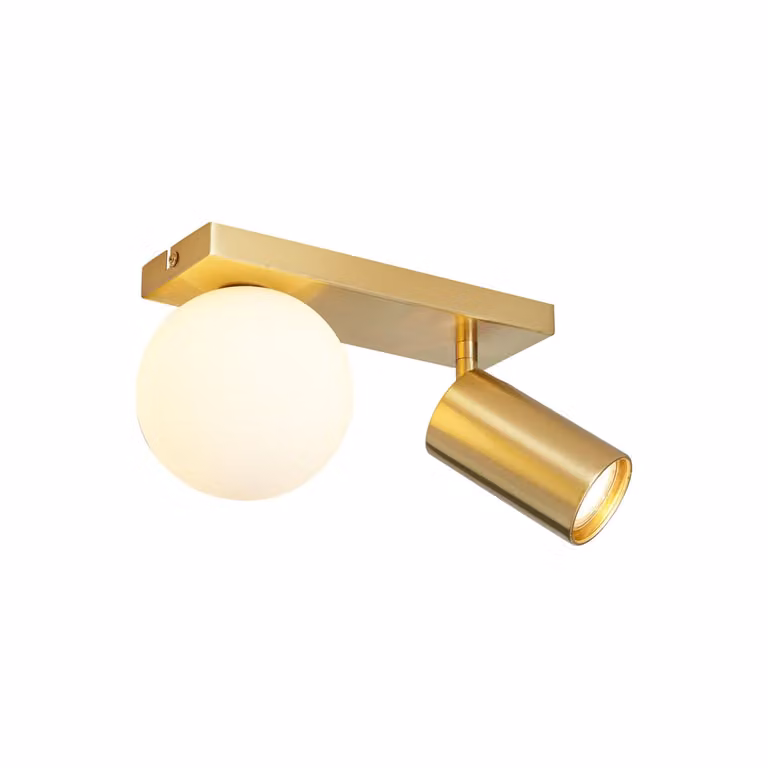 Qazqa Moderne Plafondlamp Messing 2-Lichts Kantelbaar met Witte Glazen Bollen