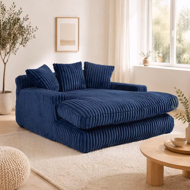 COVREO Chaise longue in marineblauw ribstof met 3 kussens, B/D/H: 125 x 155 x 63 cm