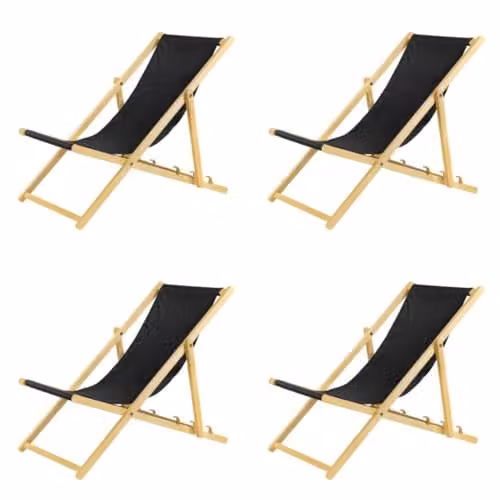 BAS Set van 4 inklapbare houten ligstoelen met beveiligingssysteem, zwart