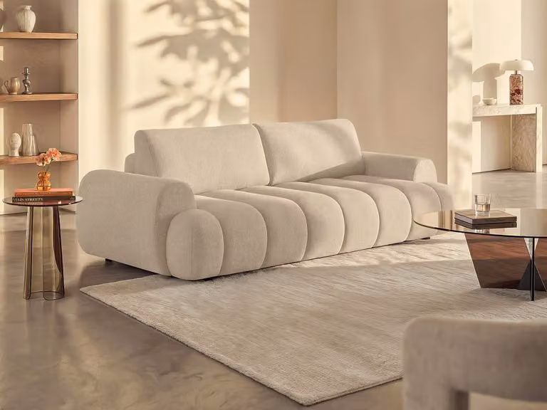 FRIDORA Vierzits-slaapbank in beige stof met slaapfunctie