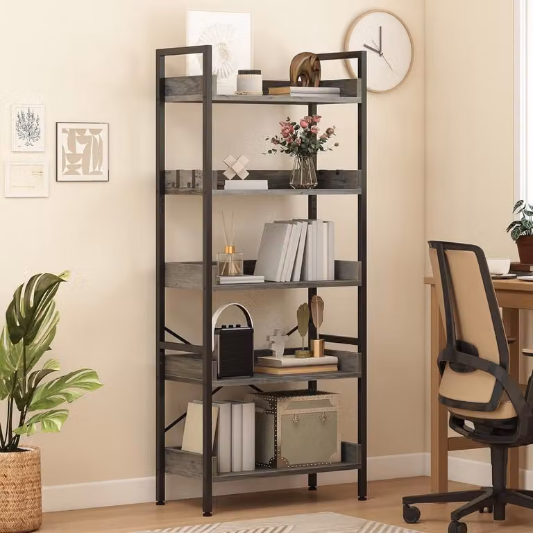 Hoge 5-laags Boekenkast Industrieel Stijl - Stevig Houten Opbergrek met Metalen Frame