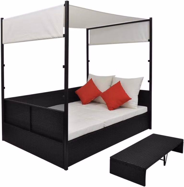 Dubbel ligbed voor buiten met zonnedak en afneembare tafel in zwart kunststof rotan, B/D/H: 190 x 130 x 180 cm