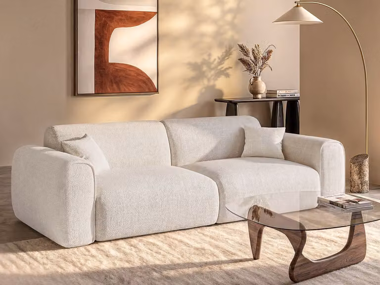 POGNIA Vierzitsslaapbank Express in beige gestructureerde stof met slaapoppervlak van 160 cm