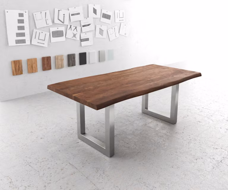 DELIFE Eettafel Edge Live-Edge Acacia Bruin met RVS Onderstel B: 100 cm, D: 200 cm, H: 76,5 cm
