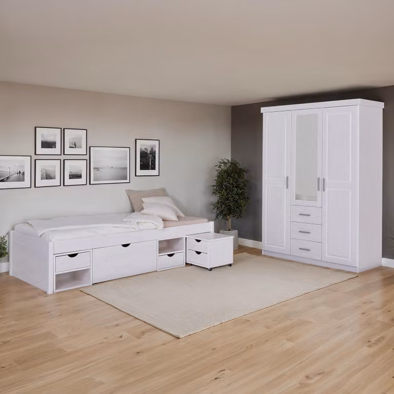 home24 Slaapkamerset Geraldo met bedframe en opbergruimte met lades, wit, 90 x 200 cm