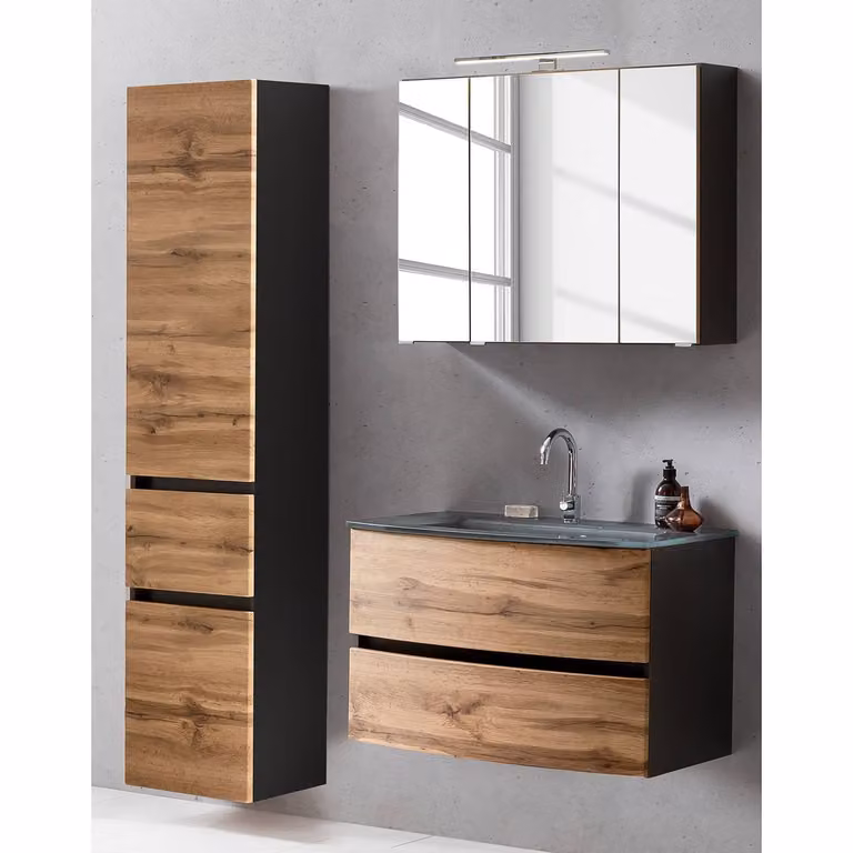 home24 Badkamerset VIII 3-delig, Bruin/Wotan eikenlook en Grafiet, B/D/H: 120 x 49 x 200 cm