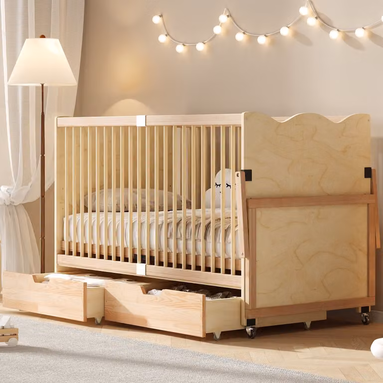DESMIU Babybed van massief hout met lades en verschoontafel, Naturel, B/D: 140 x 70 cm
