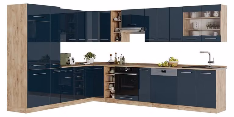 Hoekkeuken Vicco Fame-Line Donkerblauw hoogglans en Goudkleurig Eiken, 347 x 257 cm, Antraciet, Model 49795