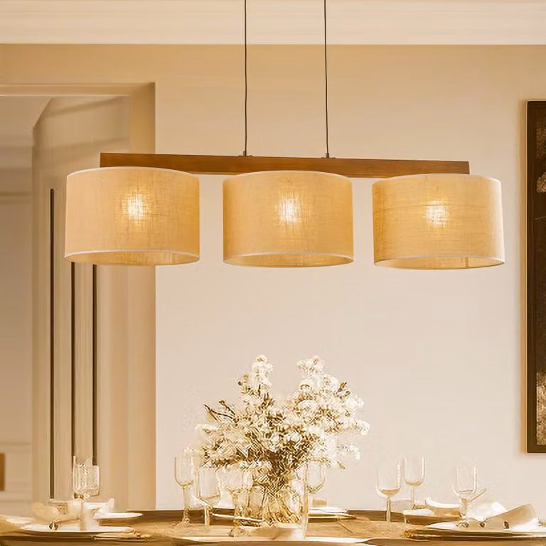 TK Lighting Jute hanglamp met 3 lampen en houten balk, beige en bruin, 120 cm
