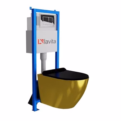 Lavita complete toiletset SOFI SLIM goud/zwart met LAV 101 voorwandelement, randloze diepspoelbak en LAV 200.1.2 bedieningspaneel in chroom