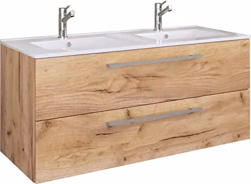 VCM Budasi Dubbel Badkamermeubelset met Keramische Wastafels in Eikenlook, Bruin/Beige, B: 112 cm, D: 46 cm, H: 51 cm