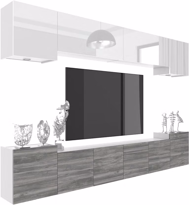 Belini Wandmeubel Milano 4, 300 cm, Wit Hoogglans/Grijs Mat - Modern Modulair TV-meubel met Gasliftsysteem