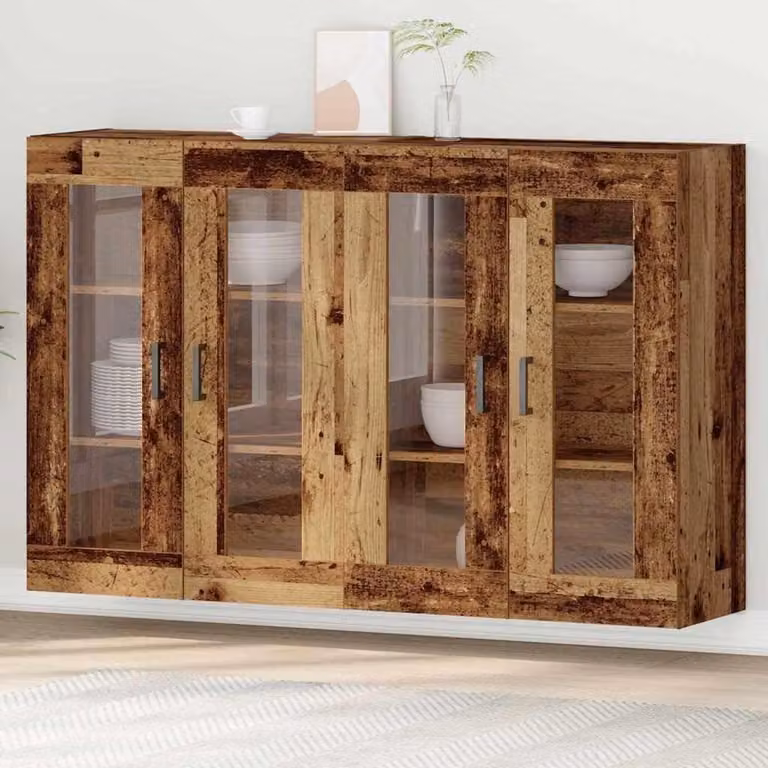 Moderne Wandkasten Set met Glazen Deuren in Oud Hout voor de Woonkamer, B: 695 cm, D: 34 cm, H: 90 cm