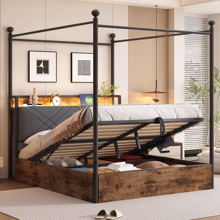 Re-purelife Multifunctioneel Hemelbed Zwart met Hydraulisch Opbergvak, LED-verlichting en USB-poorten, Verstelbare Hoogte, B/D: 140 x 190-200 cm