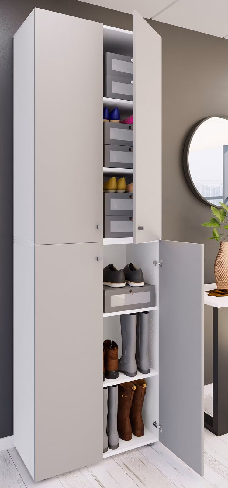 home24 Schoenenkast met 4 deuren wit/grijs B: 70 cm, H: 220 cm, D: 39 cm