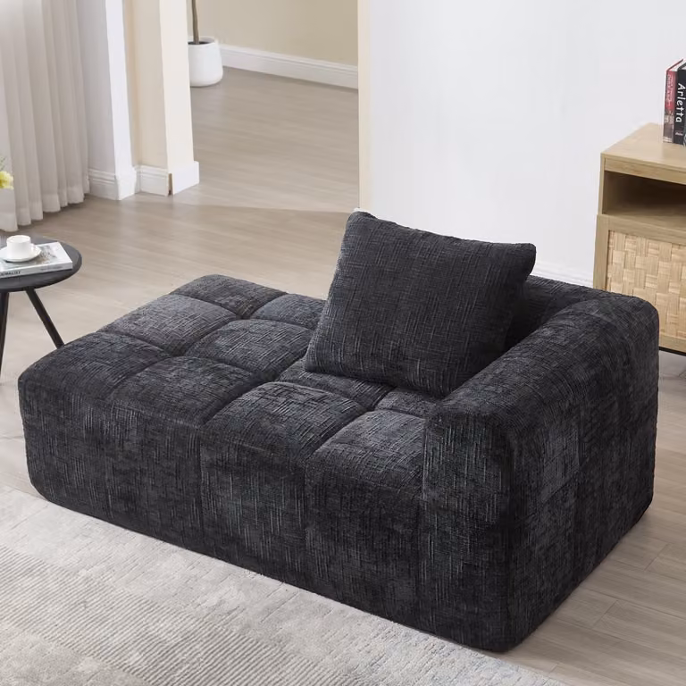 MIVRAY Chaise Longue Zitbank met kussens en zijvakken, Chenille, Zwart