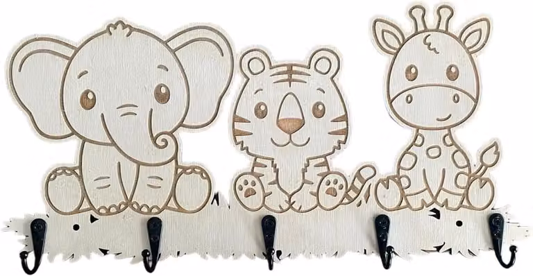 Kinderkapstok Hout Jungle Dieren - Zwart - B/D/H: 41 x 18 cm
