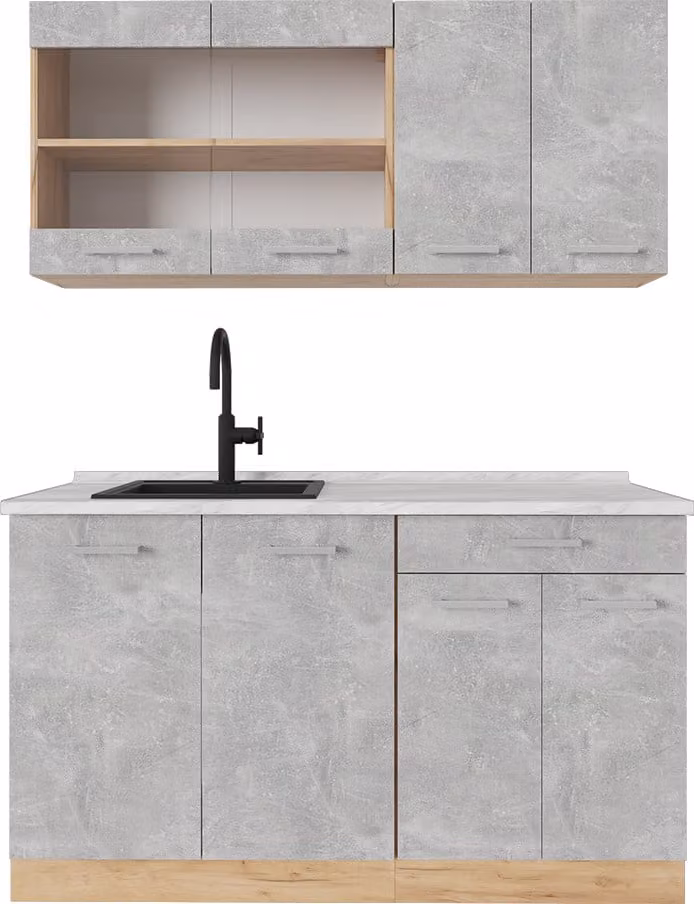 Vicco R-Line Keuken Eenpersoonsmodel Beton/Gouden Eik met Marmeren Werkblad Breedte: 140 cm