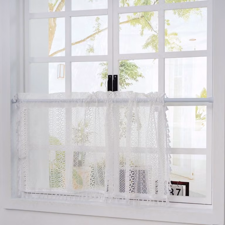 SnelShoppen Lace Sheer Bistro Gordijn met Rod Pocket en Tassels, Transparant, 45 x 90 cm