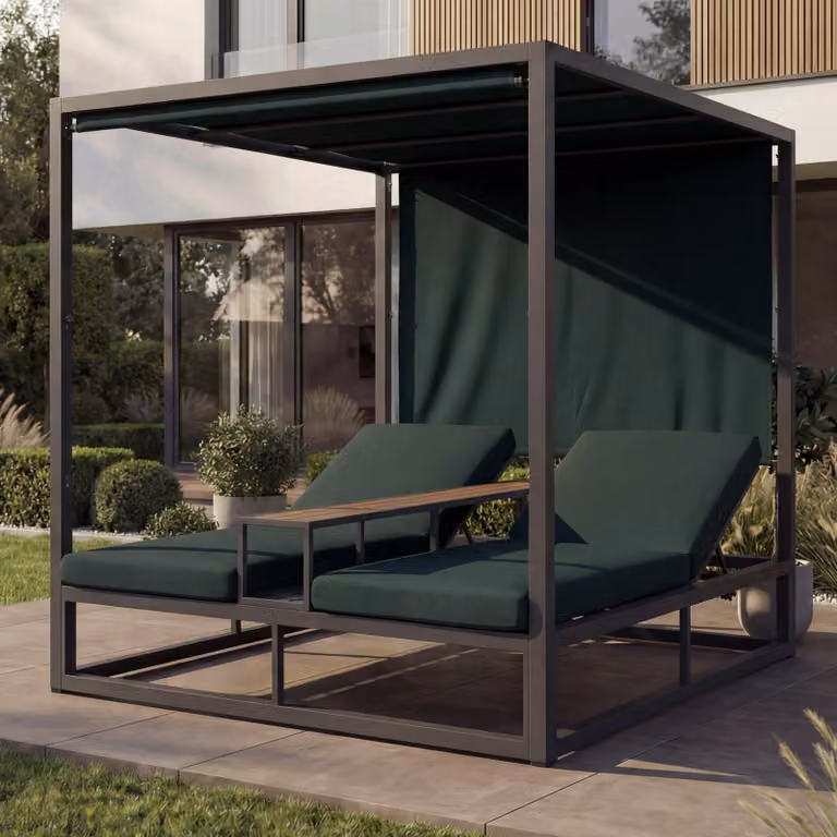 Mendler Alu lounge-tuinstoel HWC-P81 ligbed met donkergroene kussens, donkergrijs, B/D/H: 196 x 165 x 196 cm