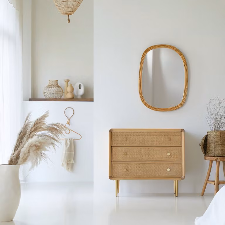 Tikamoon Ladekast van massief eikenhout en rotan - Beige - B: 72 cm, D: 40 cm, H: 80 cm