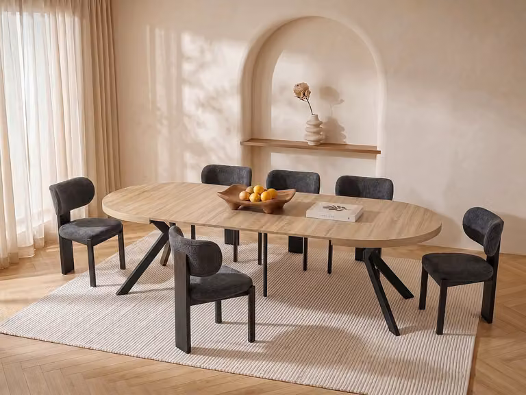 KOMONI Uitschuifbare ronde eettafel voor 6 tot 12 personen, licht naturel en zwart