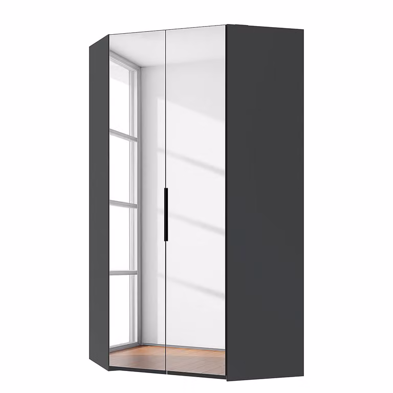 home24 Level36 moderne hoekkast met ledverlichting en spiegeldeur, grijs/zwart, Hoogte: 236 cm