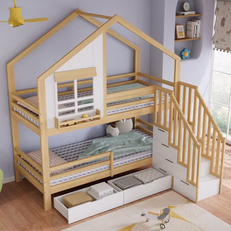 Mivray Stapelbed voor kinderen met opbergtrappen en laden, Huisbed van hout en MDF, Wit Naturel, B/D: 90 x 200 cm