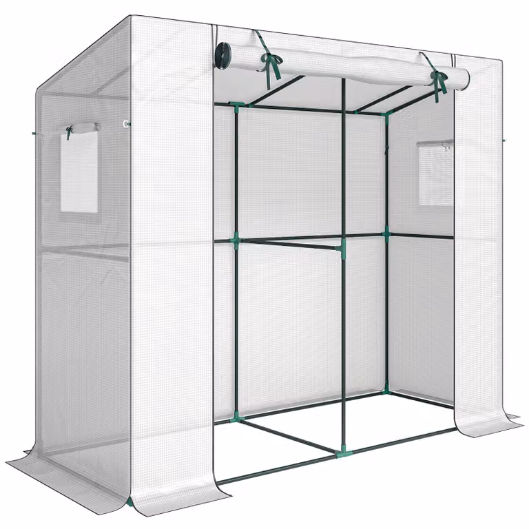 Outsunny Broeikas met roldeur en netramen, UV-bestendig, Wit, B/D/H: 200 x 76 x 170/150 cm