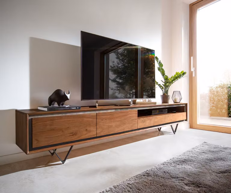 DELIFE Stonegrace Tv-meubel van acacia hout in bruin met steenfineer, Breedte: 240 cm, Diepte: 45 cm, Hoogte: 35 cm