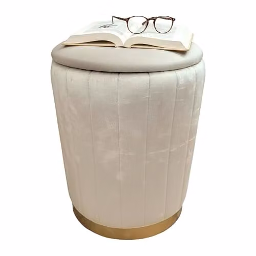 Relaxdays Ronde Opbergpoef van Fluweel in Beige, H 42 cm x Ø 32 cm