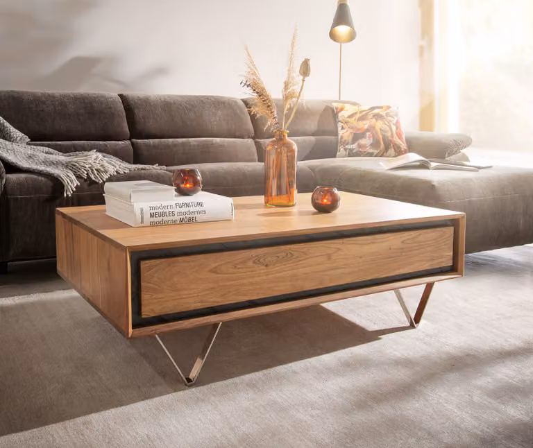 DELIFE Salontafel Stonegrace, Acacia hout met steenfineer, Bruin/Zilver, B: 115 cm, D: 60 cm, H: 52 cm