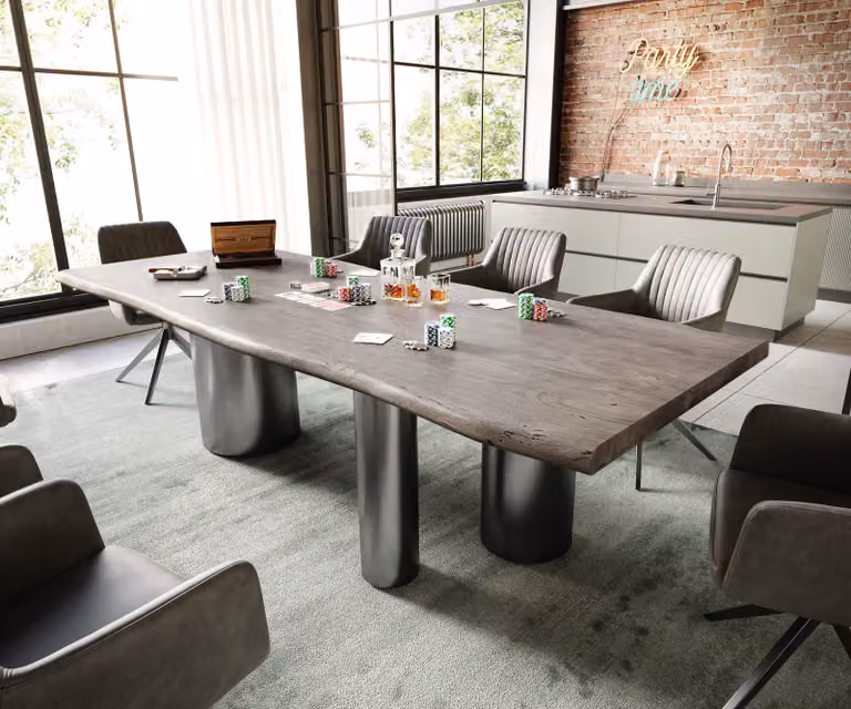 DELIFE Eetkamertafel Edge van acacia met roestvrij stalen onderstel in grafiet, B/D/H: 260 x 100 x 73,5 cm