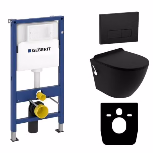 Geberit Duofix Basic Complete Toiletset met Salto Zwart Mat Wandcloset en Delta 25 Bedieningspaneel met Zwarte Knop