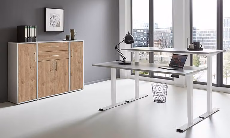 home24 Kantoorset 4-delig F, grijs/Sanremo eikenhouten look, B: 114 cm, H: 85 cm, D: 33 cm